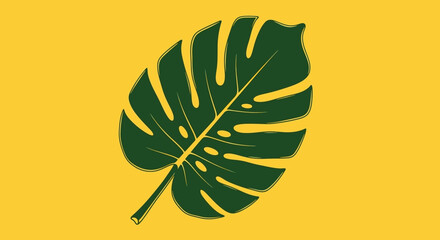 Green Monstera Leaf Illustration on Yellow Background. © Wa