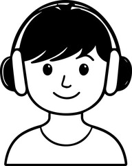 Obraz premium Hand Drawn Boy Wearing Headphones Black and White Avatar Illustration in Minimal Line Art Style Design