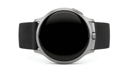 Modern smartwatch with sleek design and black strap displayed against a white background illustration