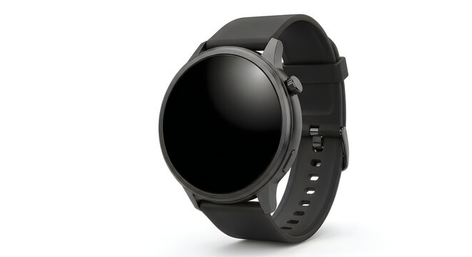 Elegant black smartwatch with a round display and durable strap shown against a plain background illustration