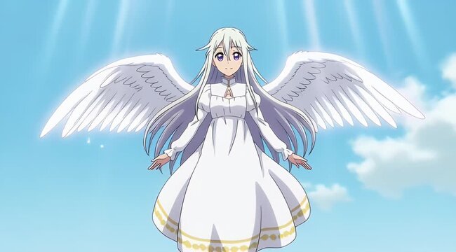 Anime style illustration of a female angel with white hair and wings standing against a blue sky with clouds
