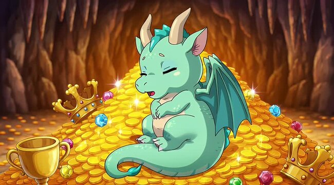 A cute cartoon dragon sitting on a pile of gold coins and jewels in a cave with crowns and a trophy