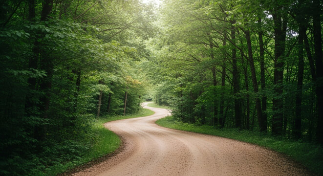 Winding dirt road disappearing into a vibrant green forest canopy, bathed in dappled sunlight, inviting a serene journey through nature's embrace.