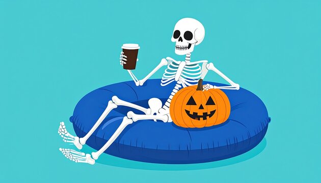 Cartoon skeleton lounging in a blue pool float, holding a coffee cup, with a carved pumpkin beside it, against a teal background