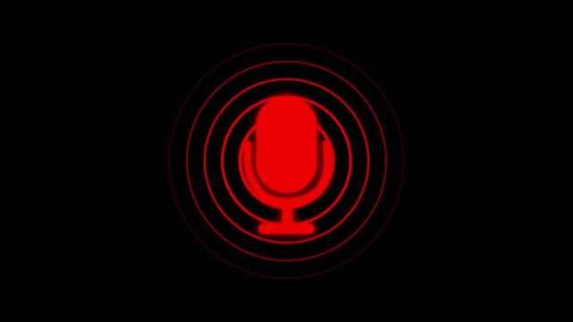 Voice recording podcast mic microphone button icon animation. Radio waves podcast Audio microphone animation on the black background. 4k animation.