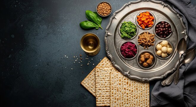Passover seder plate with traditional jewish foods and symbols
