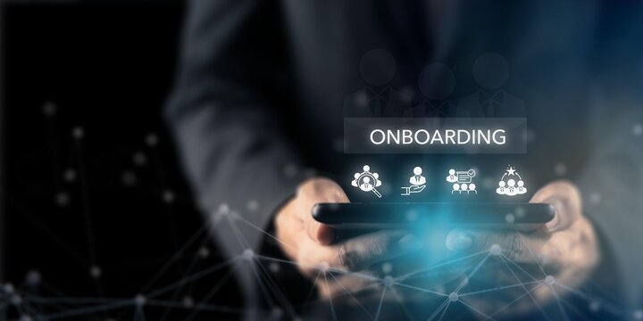 Digital onboarding concept. Recruitment, training and team integration icons above a lablet, representing modern HR technology, employee onboarding process and workforce development.