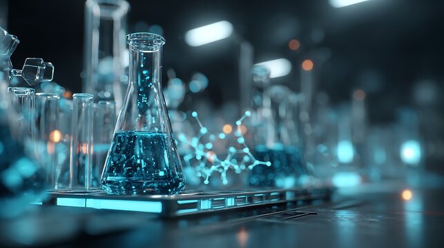 Futuristic AI drug discovery hologram concepts featuring floating molecular structures, digital laboratory surfaces