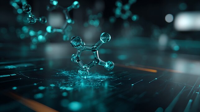 Futuristic AI drug discovery hologram concepts featuring floating molecular structures, digital laboratory surfaces