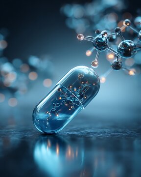 translucent pharmaceutical capsule on glossy digital laboratory surface with floating holographic molecular structure above it