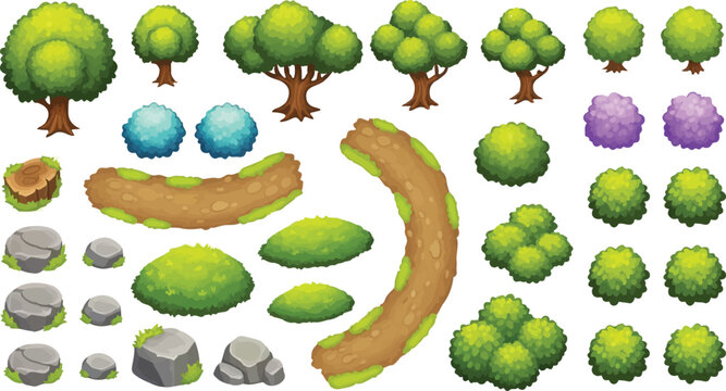 Set of 39 cartoon vector game assets featuring various green trees, bushes, rocks, and brown dirt paths, ideal for creating vibrant nature-themed landscapes and environments in digital projects.