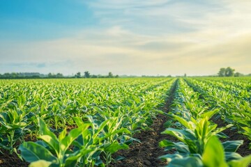 Naklejka premium Crops grow in rows under a bright sky at a rural farm during the day