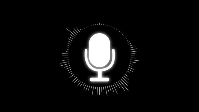 Microphone icon with sound wave animation on black background. Podcast recording Audio Icon with Microphone and Wave Form of Sound or Music.