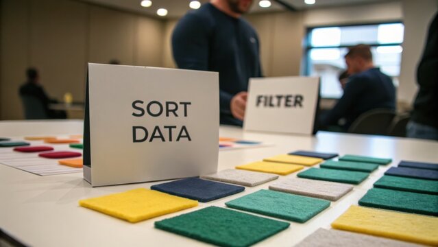 Sorting and filtering colorful felt squares on a table during a collaborative data organization workshop session