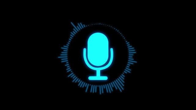 Microphone icon with sound wave animation on black background. Podcast recording Audio Icon with Microphone and Wave Form of Sound or Music.