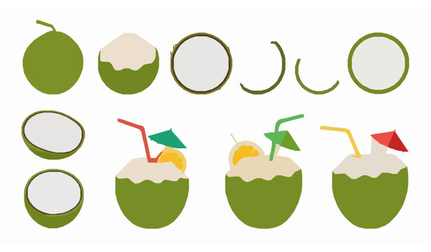 Green coconut fruit and tropical coconut cocktail flat vector icon set isolated on white background