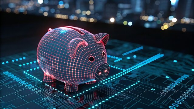 Futuristic Wireframe Piggy Bank Glowing on Digital Circuit Board, Symbolizing Secure Online Investments and Modern Financial Technology in a Digital City