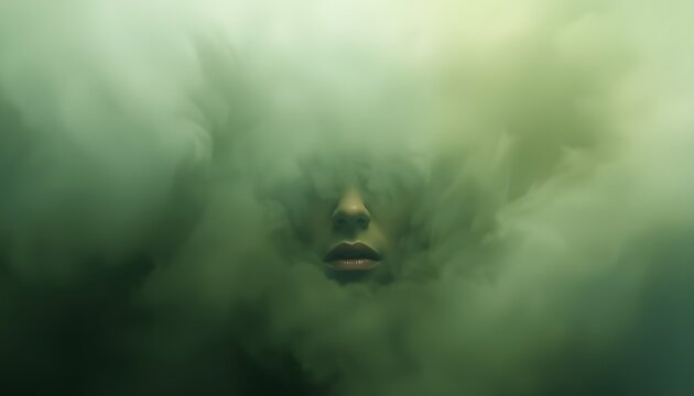 A person's face is obscured by thick fog or smoke, creating a mysterious and eerie atmosphere.