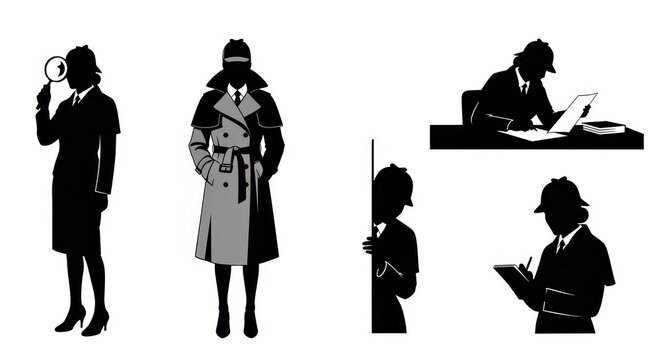 Silhouettes of Detectives in Various Poses Investigating and Taking Notes.