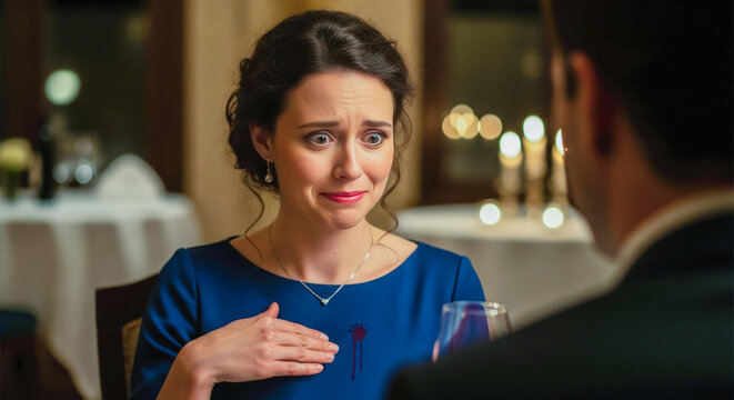 shocked young woman with a red wine stain on her elegant blue dress looking embarrassed during a formal dinner date