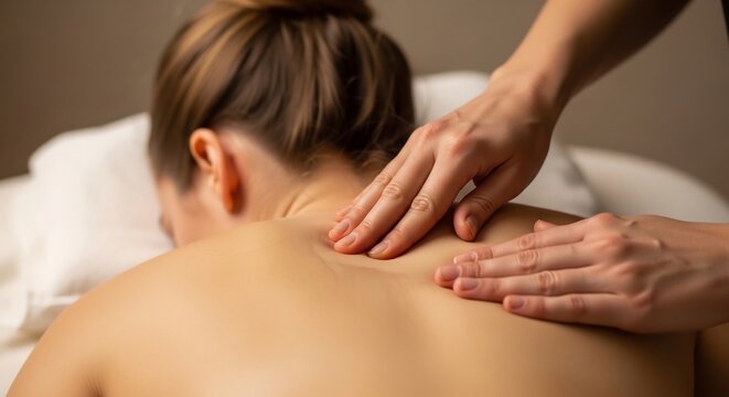 Close-up of a therapeutic massage on a womans upper back and neck.