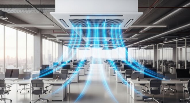 Modern office interior with a ceiling-mounted air conditioning unit distributing cool blue air streams across an open-plan workspace with desks and chairs