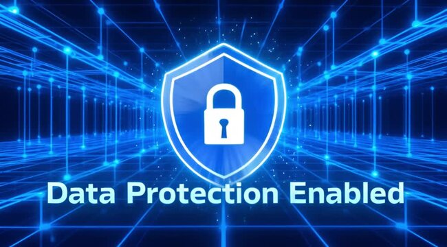 Digital data protection enabled message with glowing shield and padlock icon on futuristic network background.
