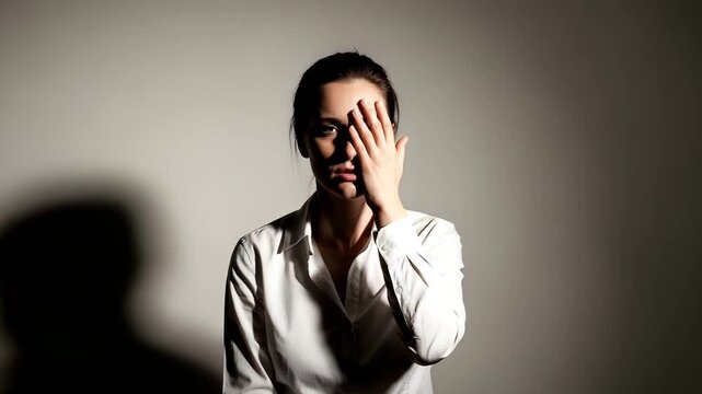 Woman covering her face with her hand in a dimly lit room