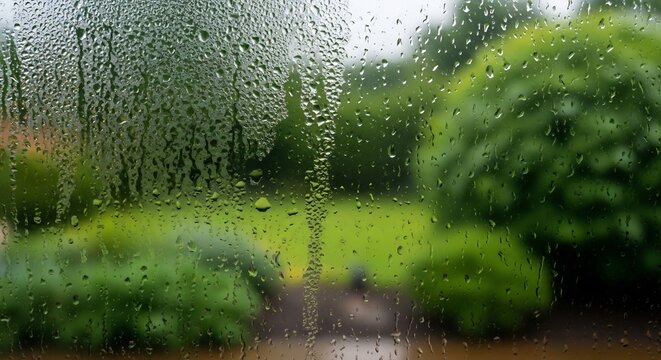 Raindrops on Window Pane Looking Out to Lush Green Garden.