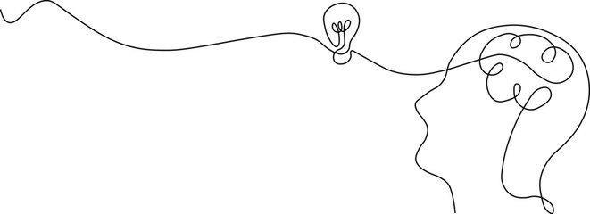 A minimalist line drawing of a human head with a lightbulb connected to it, symbolizing creativity and inspiration. © mohammad