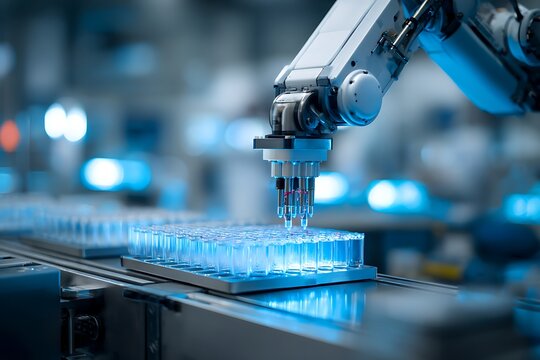 Robotic automation system handling microplates for biological assays.