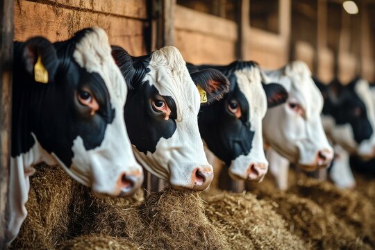 Cows feed on hay in cowshed at dairy farm during day time
