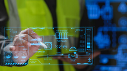 Fototapeta premium Industrial engineer operates smart factory automation interface dashboard monitoring system performance technician manages programmable logic controller data analytics software platform optimizing