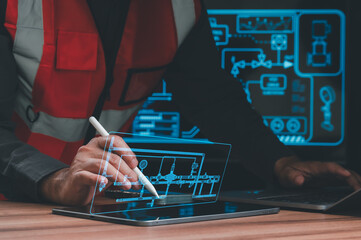 Professional technician manages industrial plumbing systems via futuristic digital interface. Technician utilizes stylus interacting glowing holographic schematic diagrams displayed tablet screen.