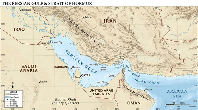 topographic map of the persian gulf and strait of hormuz with middle east borders