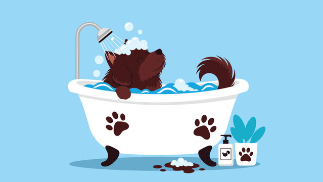 Happy brown dog enjoys a bubble bath in a classic white clawfoot tub, surrounded by soap suds and pet care products on a blue background.