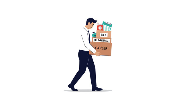 Sad businessman leaves his job while carrying boxes containing his career and self-respect after being fired.