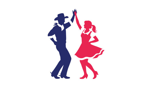 Silhouette of a man and woman in cowboy outfits perform a traditional country square dance at a festive event.