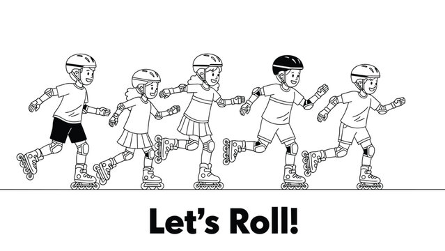 Diverse group of children in safety gear enjoy rollerblading together under the slogan let us roll outdoors.