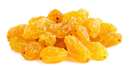 A close-up shot of a small, yellowish-orange pile of dried, plump, shriveled, and textured fruits on a plain white background