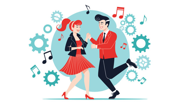 Stylish couple dances to rock and roll music from the fifties surrounded by gears and floating musical notes.