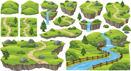 Obraz premium Set of 20 isometric floating green grass islands vector illustrations with dirt paths, rocks, pine trees, and waterfalls, perfect for game design, fantasy maps, or nature-themed digital assets.