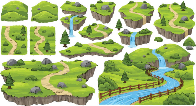 Set of 20 isometric floating green grass islands vector illustrations with dirt paths, rocks, pine trees, and waterfalls, perfect for game design, fantasy maps, or nature-themed digital assets.