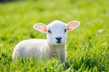 Obraz premium Spring lamb standing in a green field during farming season in springtime