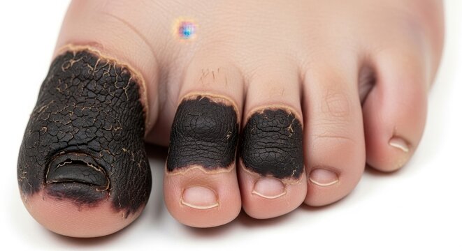 Severe gangrene affecting toes due to vascular disease.