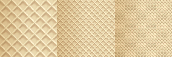 Fototapeta premium Wafer texture pattern bg of milk biscuit cone, fabric rectangle waffel. Waffle diagonal cookie lattice, vector stroopwafel. Baked cake crepe, seamless 3d backdrop, caramel bakery pancake. Sweets macro