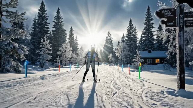 Biathlete Skiing Through Snowy Forest Path With Sunburst