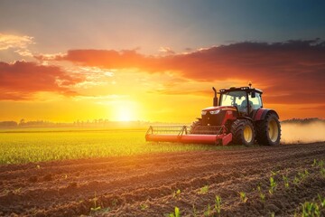 Fototapeta premium Tractor works in a field at sunset with bright colors and open landscape in the background during evening hours