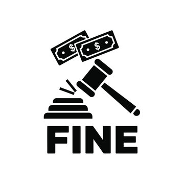 A black silhouette depicts a gavel striking a stone block with money above symbolizing a financial penalty or legal fine high quality professional detailed