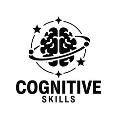 A stylized black and white logo depicts a human brain encircled by a planetary orbit with stars accompanied by text high quality professional detailed © Mahir